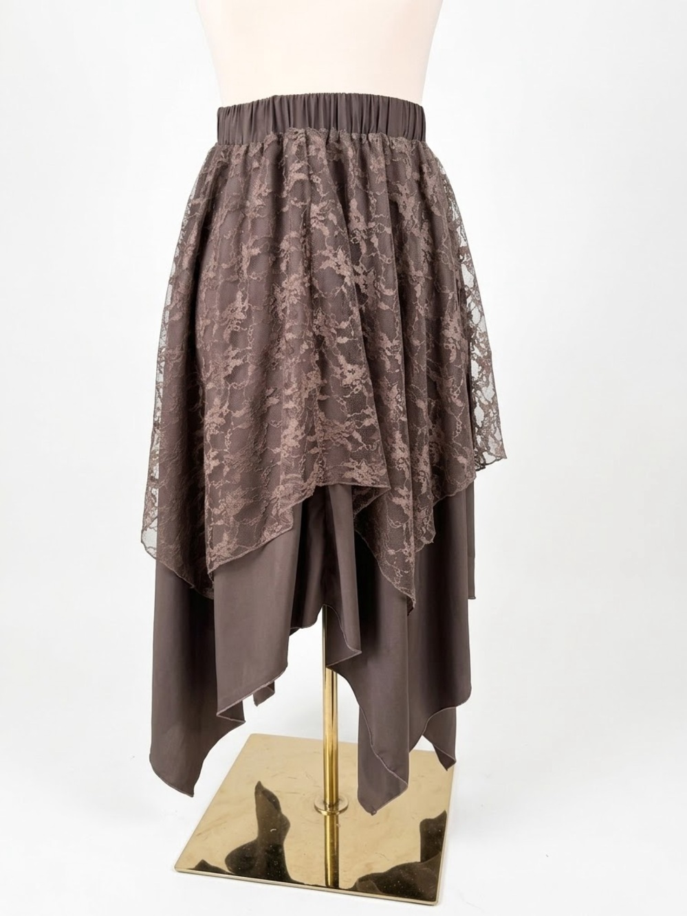 Whimsigoth Brown Lace Layered Asymmetrical Handkerchief Midi Skirt